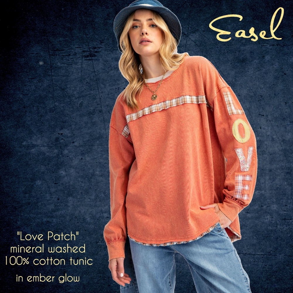 EASEL “Love Patch” Cotton Mineral Washed Top Raised Embroidery Details Raw Edges